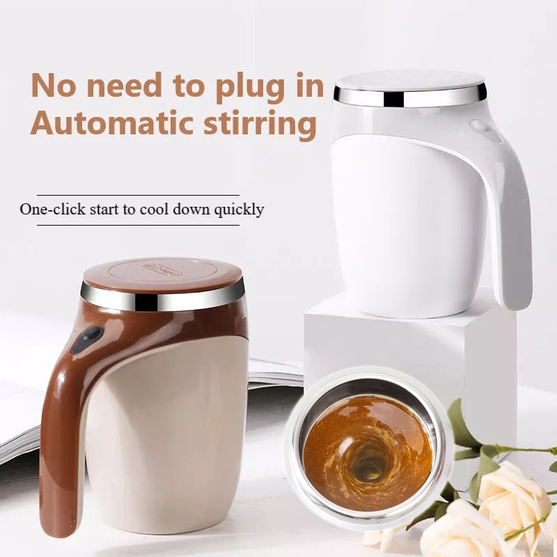 Brown and white automatic stirring mugs on a white pedestal, no need to plug in
