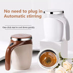 Brown and white automatic stirring mugs on a white pedestal, no need to plug in
