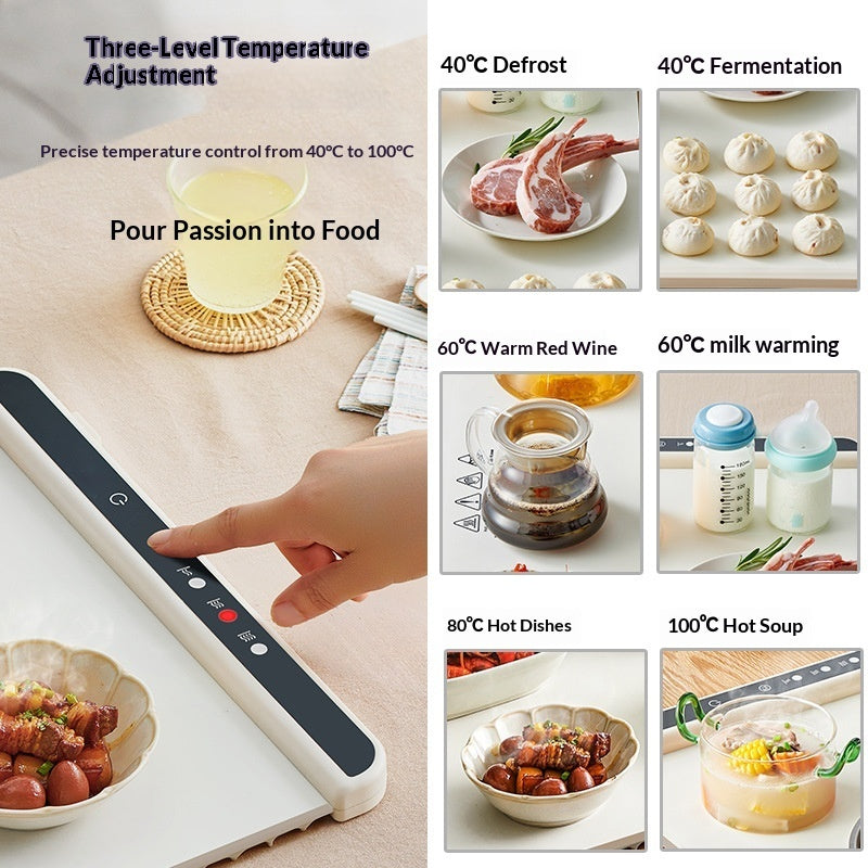 Foldable food warmer tray fully unrolled on countertop