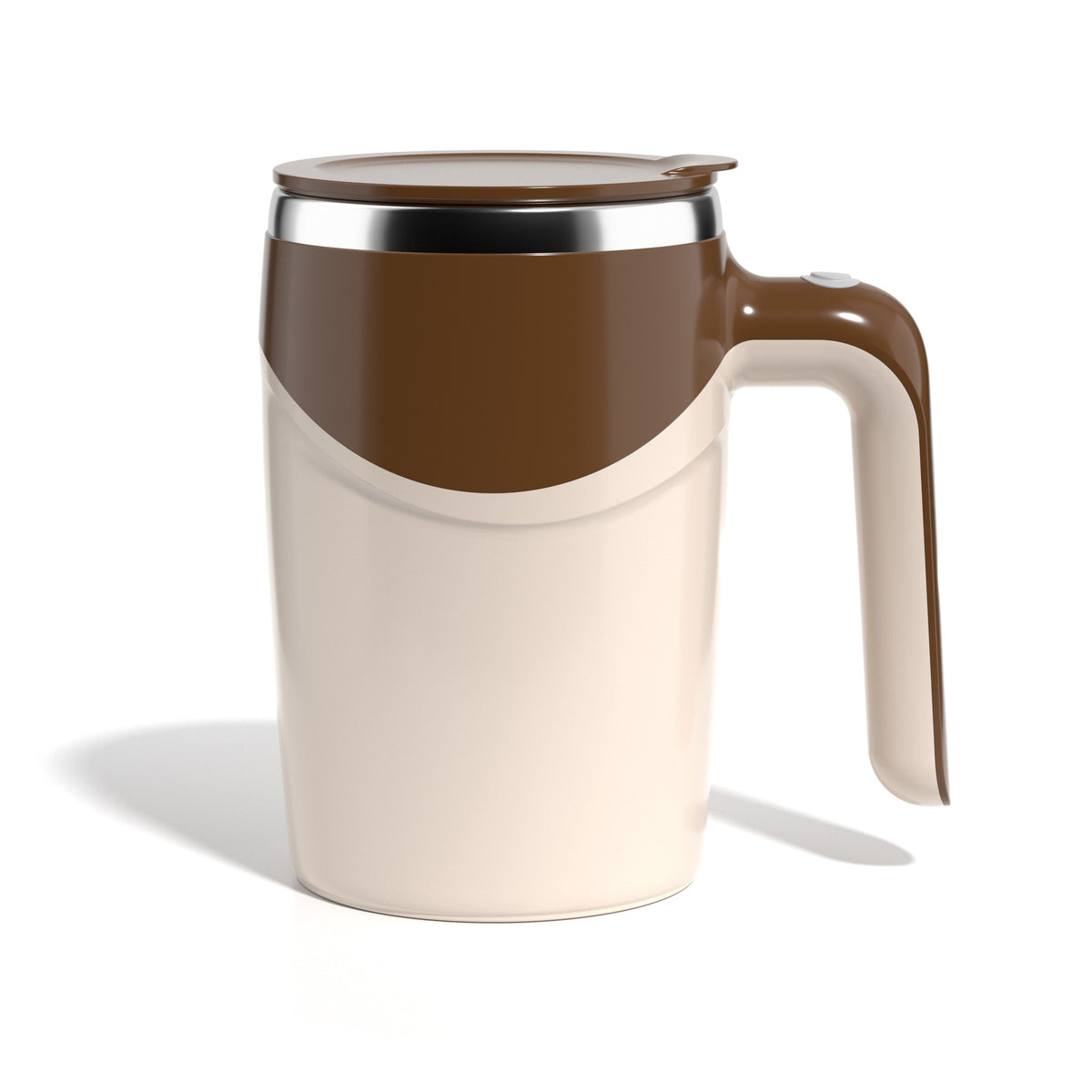 Cream and brown self-stirring coffee mug with handle on a white background