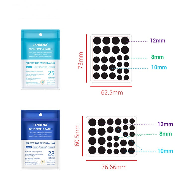 Pimple patch size guide showing 8mm, 10mm and 12mm patches