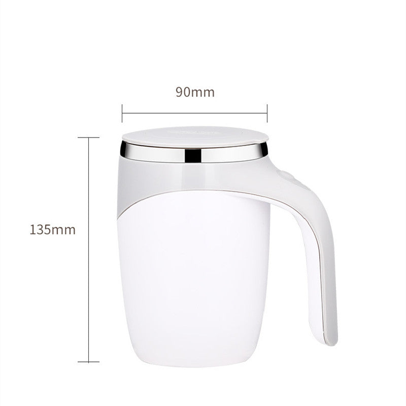 White self-stirring mug with size diagram showing height and width