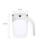 White self-stirring mug with size diagram showing height and width