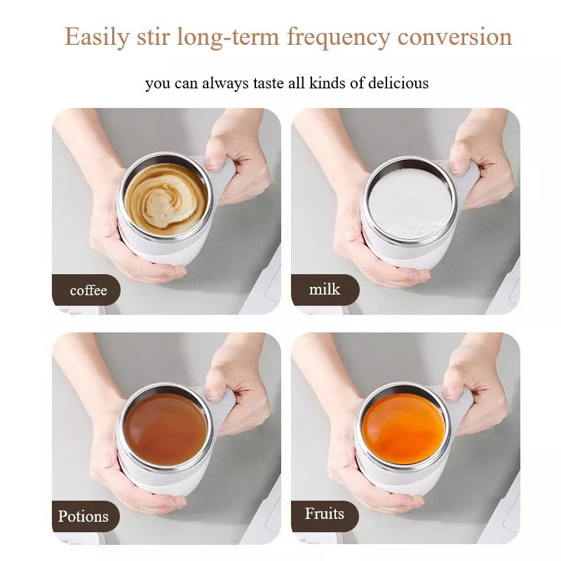 Self-stirring mug mixing coffee, milk, and other drinks in four different examples