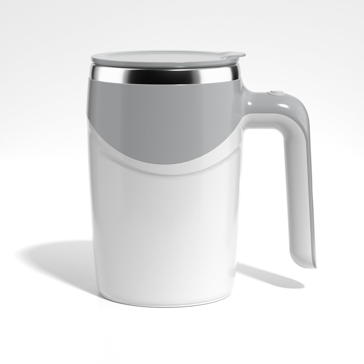White rechargeable self-stirring coffee mug with grey band and stainless steel rim, side view